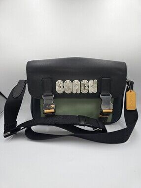 COACH C6657 Black & Green Leather Unisex Messenger Crossbody Bag **